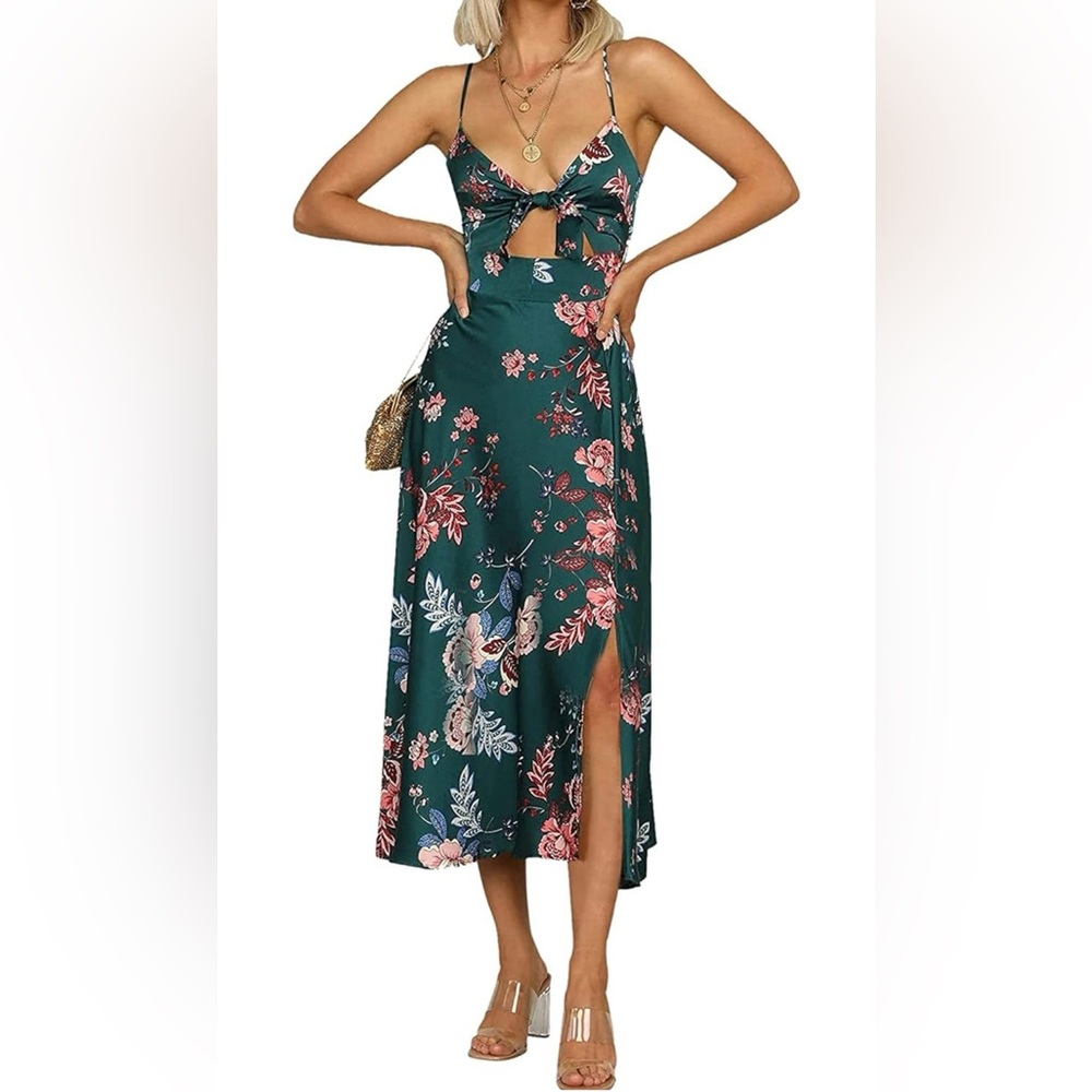 Small Women Spaghetti Strap Midi Satin Tie Front Backless Split Dress
